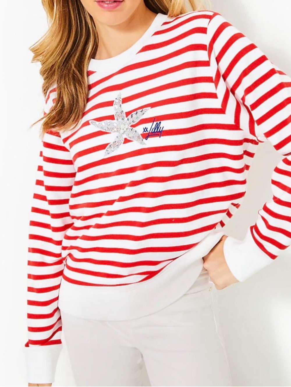 Lilly Pulitzer BALLAD SWEATSHIRT, ROCOCO RED COASTAL STRIPE STARFISH EMBELLISHED